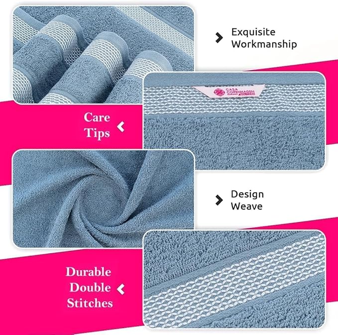 CASA COPENHAGEN Solitaire 6Pcs 100% Egyptian Cotton Large Designer Towels Gift Set- Powder Blue, 600GSM, 2Bath 2Hand 2Washcloths, Bath Towels for Bathroom Set for Women & Men