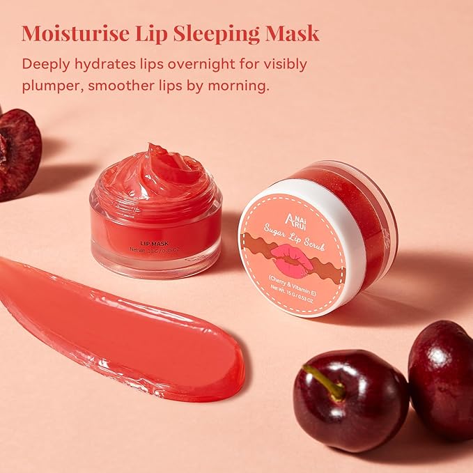 ANAI RUI Cherry Lip Scrub & Lip Mask Set, Vitamin E, Lip Scrub For Women, Lip Scrubber Exfoliator, Hydrating Lip Mask Overnight, Sugar Scrub for Dry Chapped Lips, Lip Care Set for Women