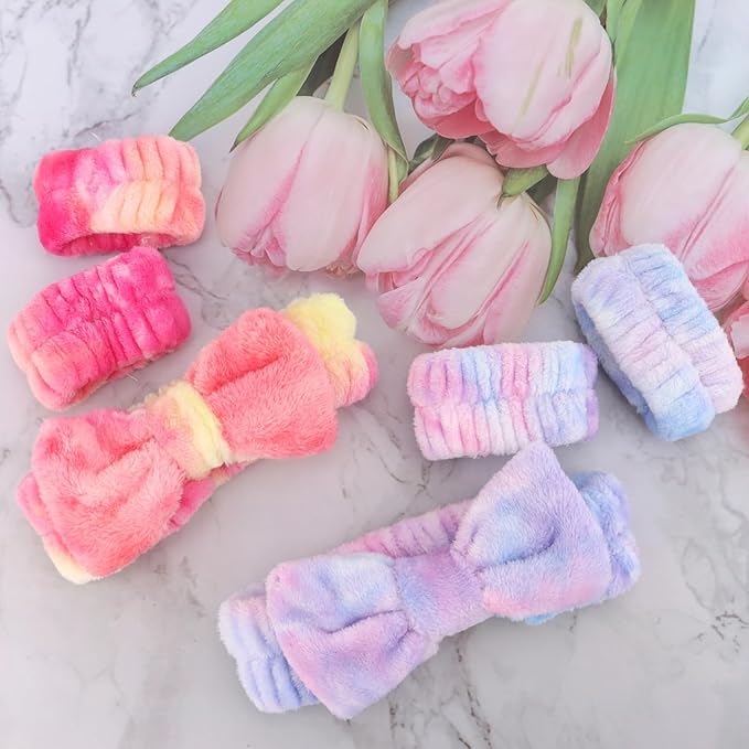 WHAVEL 8PCS Spa Headband and Wristbands Set, Face Wash Headband Wrist Bands for Washing Face Skincare Makeup Hair Band Skin Care Accessories Tools，Tie-dye 2