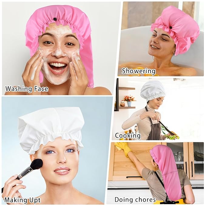 2 Pcs Large Shower Cap for Braids, Extra Long Shower Cap for Women Long Hair & Locs, Waterproof Hair Bonnets for Dreadlocks Drawstring Bath Caps for Women & Men (Pink, White)