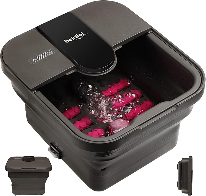 Beinilai Collapsible Foot Spa,Foot Bath with Heat and Massage and Bubble Jets,Foot Soak Tub with Six Non Motorized Rollers,Acupressure Massage Points,Red Light and Removable Pumice Stone