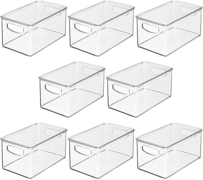 mDesign Deep Plastic Bathroom Storage Bin Box, Lid/Built-in Handles, Organization for Makeup, Hair Styling Tools, Toiletry Accessories in Cabinet, Shelves, Ligne Collection, 8 Pack, Clear