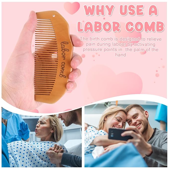 Birthing Comb for Labor Pain and Gua Sha Facial Tools, Post Partum/Home Delivery Essentials, Pregnancy/Birth/Hospital Bag Must Haves, Jade Roller Stone Massager,Gifts for Expecting Mom Women (Pink)