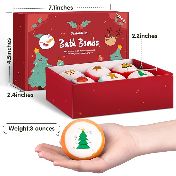 SeasonBliss Christmas Bath Bombs for Kids with Surprise Inside,Bath Bombs Sets with 6 Pack Bubble Bath Bomb for Girls and Boys, Nice Gifts for Kids