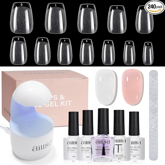 AILLSA Gel Nail Kit Short Coffin Nail Tips 240pcs with 2 In 1 Nail Glue Base Coat and Nail Dehydrator, False Nail Tips Kit with U V Light Top Coat for Beginners DIY Home Salon