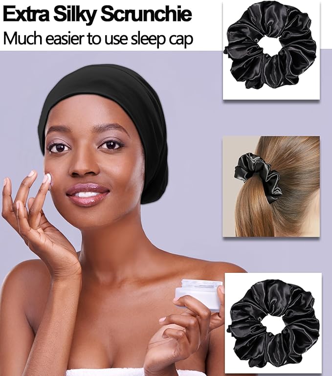 Sleep Cap Bonnet for Sleeping Black Women, Adjustable Cooling Ice Silk Lined Bonnet for Curly Braids Hair Cover Beanie Hat