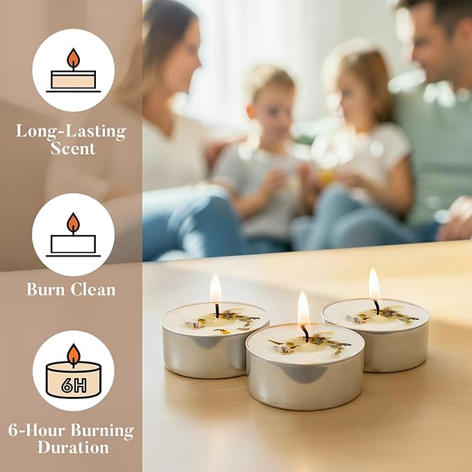 8 Pack Lavender Tealight Candles with Real Dried Petals, Natural Soy Wax, 6-Hour Burn Time for Home, Wedding & Bath Decor