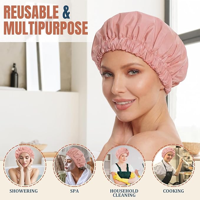 Reusable Shower Cap for Women, Large Waterproof Shower Bonnet with Elastic Band, Washable Bath Hair Cap for Long, Curly Hair, Braids, Daily Shower, Home Spa, Travel(Blush Pink)