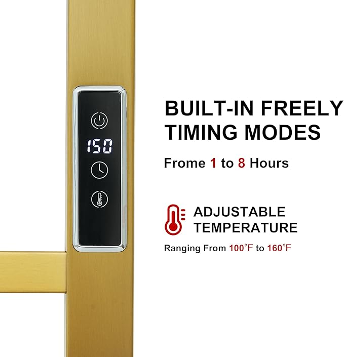 Heated Towel Racks for Bathroom, Wall Mounted Electric Towel Warmer Racks with Timer & Temperature Control, 10 Bar Stainless Steel Towel Heater for Bathroom, Brushed Gold, Plug-in
