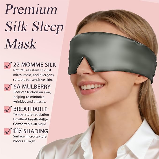 Silk Sleep Eye Mask for Side Sleeper Men Women, Eye Mask Sleeping 100% 22 Momme Pure Mulberry Silk for Night Sleep, Travel, Face-Hugging Padded Eye Cover for Sleeping with Adjustable Band-Grey