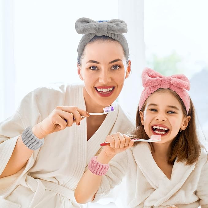 CIEHER 12 PCS Makeup Headband for Women Wrist Washband Scrunchies Cuffs for Washing Face, Soft Bow Hair Band Matching Wristbands, Spa Headband Coral Fleece Bow Headbands for Girls