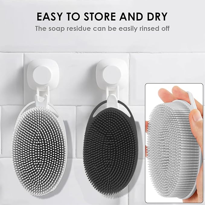 RamPula Silicone Body Scrubber, Silicone Loofah, Quick-Dry Exfoliating Body Brush for Wet or Dry Brushing, More Hygienic Than Traditional Loofah, Long-Bristle Brush, Black and Grey