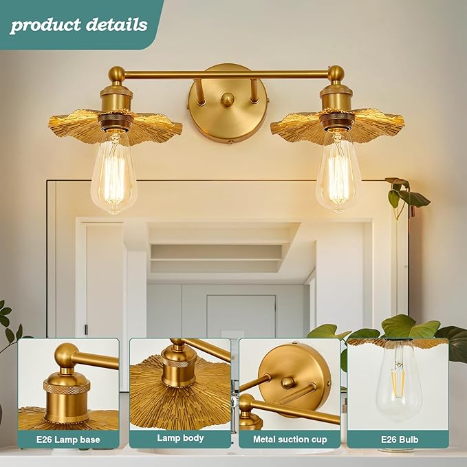 ZGLAOJT 2 Light Vintage Vanity Light Gold Bathroom Light Fixtures Over Mirror.