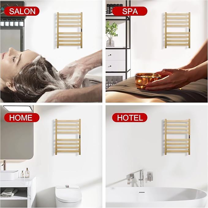 Heated Wall Mounted Electric Towel Warmer Rack,Timer & Temperature Control, 8 Bar Stainless Steel Towel Heater for Bathroom, Brushed Gold, Plug-in(27.56x19.69x4.41in)