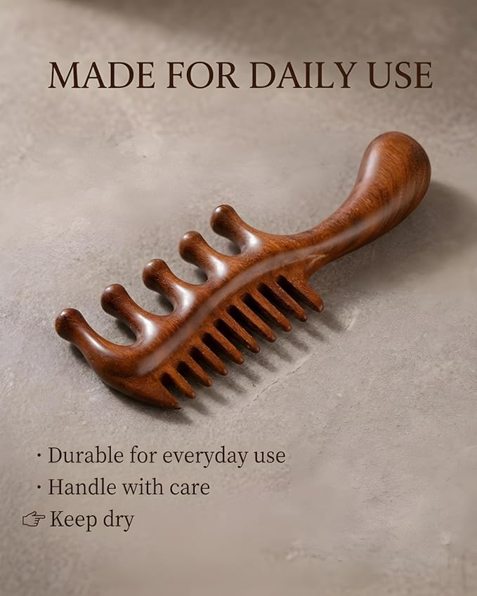 Wooden Scalp Massager Comb – Natural Wood Wide & Fine Tooth with Handle for Hair Growth, Scalp Care & Stress Relief – Detangling Tool for All Hair Types