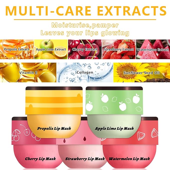 5 PCs Bee Balm Lip Mask, Moisturizing Lip Balm & Scrubs, Hydrating, Prevents Dry & Cracked Lips - Strawberry & Watermelon Flavors