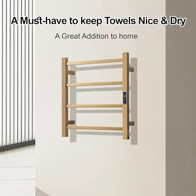 Electric Heated Towel Warmer - Wall Mounted Bathroom Towel Rack, Plug-in Design & Gold Brushed Stainless Steel Finish Gold with Timer & Temperature Control, 4 Bar