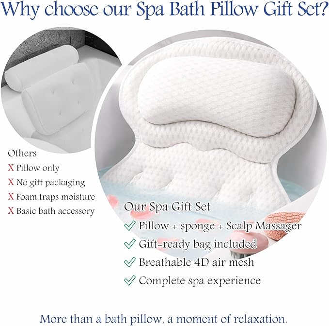 Bath Pillow for Tub Spa Gift Set for Women Luxury Bathtub Pillow for Neck & Back Support Soft 4D Mesh Non-Slip Suction Cups Relaxing Bath Accessories Spa Bath Sponge & Massage Brush