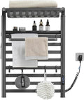 Wall Mounted Heated Towel Warmer Rack for Bathroom, Matching 8-Grid Electric Towel Warmer and 5 Hooks Auto Shut-Off Timer, LED Display Panel, for Bathroom Shower Hot Tub (Black)