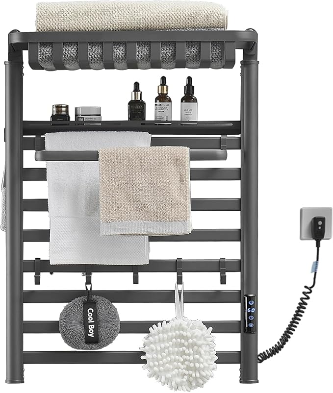 Wall Mounted Heated Towel Warmer Rack for Bathroom, Matching 8-Grid Electric Towel Warmer and 5 Hooks Auto Shut-Off Timer, LED Display Panel, for Bathroom Shower Hot Tub (Black)