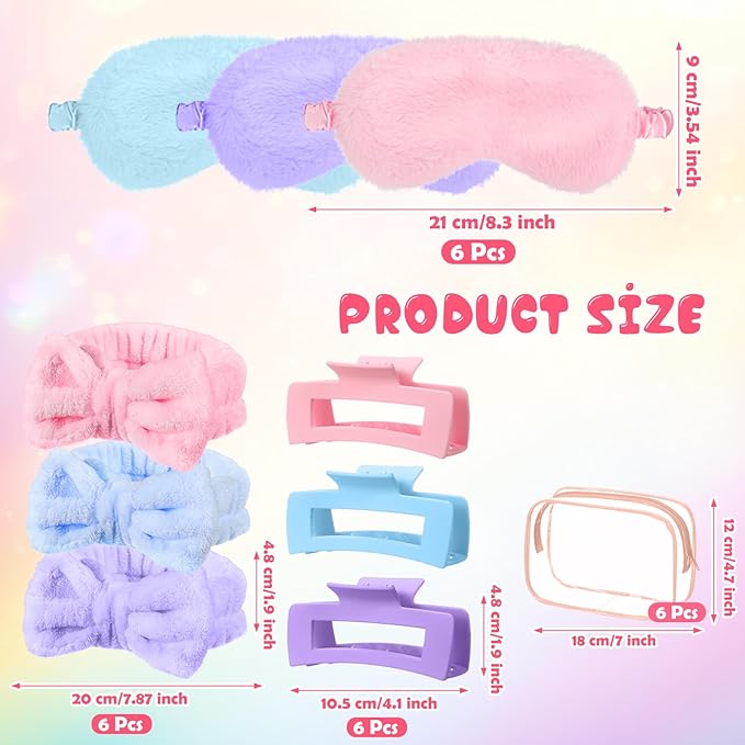Hoteam 24 Pcs Spa Party Favors Supplies 6 Spa Headband 6 Plush Sleep Eye Mask 6 Hair Claw Clips 6 Clear Cosmetic Bags for Adult Sleepover Slumber Party Graduation Gift(Pink,Blue,Purple)
