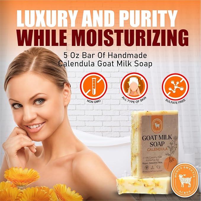 Honey Sweetie Acres Calendula Goat Milk Soap - Handmade 5 oz Bar, Made with Natural Ingredients, Moisturizing & Gentle, Made in the USA