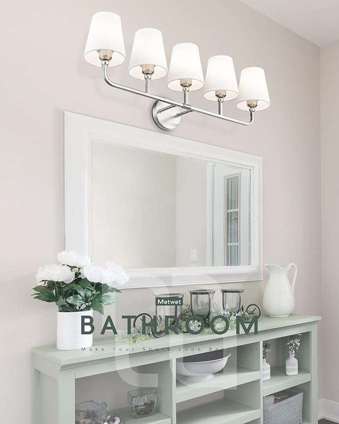 Bathroom Light Fixtures, 5 Light Brushed Nickel Vanity Lights with Flared White Fabric Shade, 35 Inch Wall Sconce, Modern Sconces Wall Lighting for Hallway Bedroom, VL837-BN-5