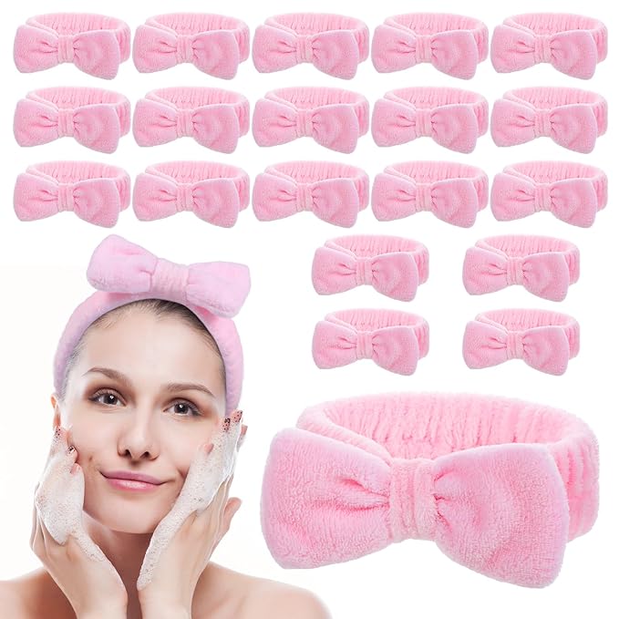 20 PCS Spa Headband Bulk, Pink Spa Headbands for Women, Hair Band for Washing Face Beauty Shower Skincare, Elastic Bowknot Make up Headband