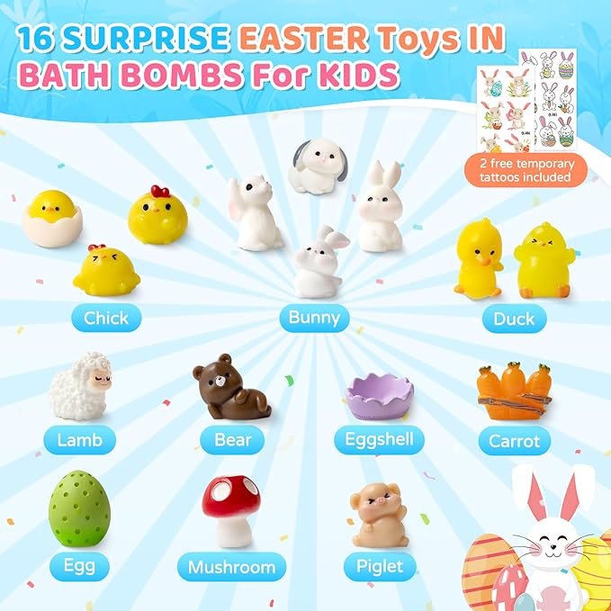 Bath Bombs for Kids with Surprise Inside, 16 Pack Easter Kid Bath Bombs Gift Set, Easter Gifts for Kids Bubble Bath Bomb for Boys Girls with Toys Inside, Easter Basket Stuffers & Easter Egg Fillers