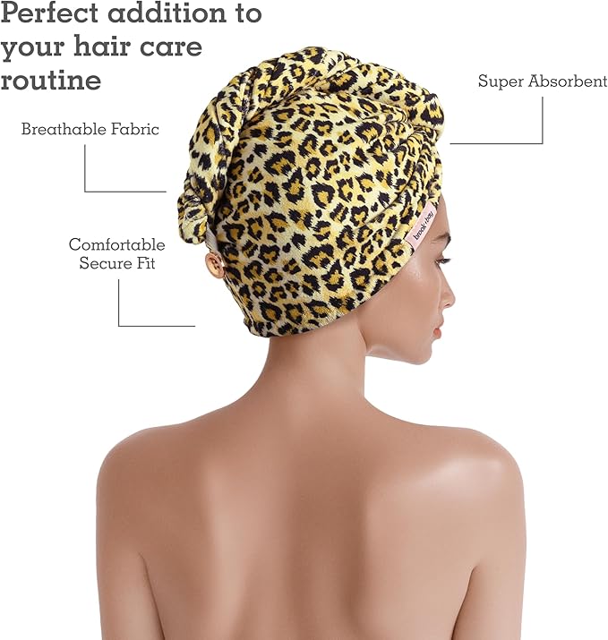 Brook + Bay Microfiber Hair Towel Wrap - Quick Dry Microfiber Towel for Hair - Anti-Frizz Plopping Turban - Machine Washable - Cheetah