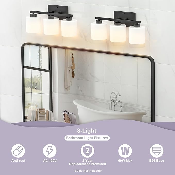 Honesorn Bathroom Light Fixtures Black, 3-Light Bathroom Vanity Light Over Mirror, Modern Vanity Lights for Bath Room with Frosted Shade & Anti-Rust Nickel Finished, E26 Base Lighting