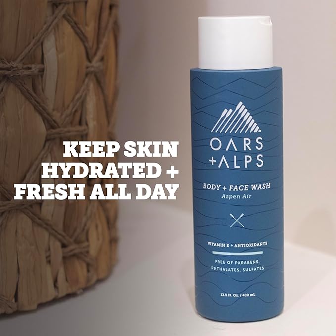 Oars + Alps Body Wash for Men, Mens Body Wash & Face Cleanser with Vitamin E & Antioxidants, Moisturizing, Paraben & Sulfate Free Cleanser, Aspen Air, 3pk