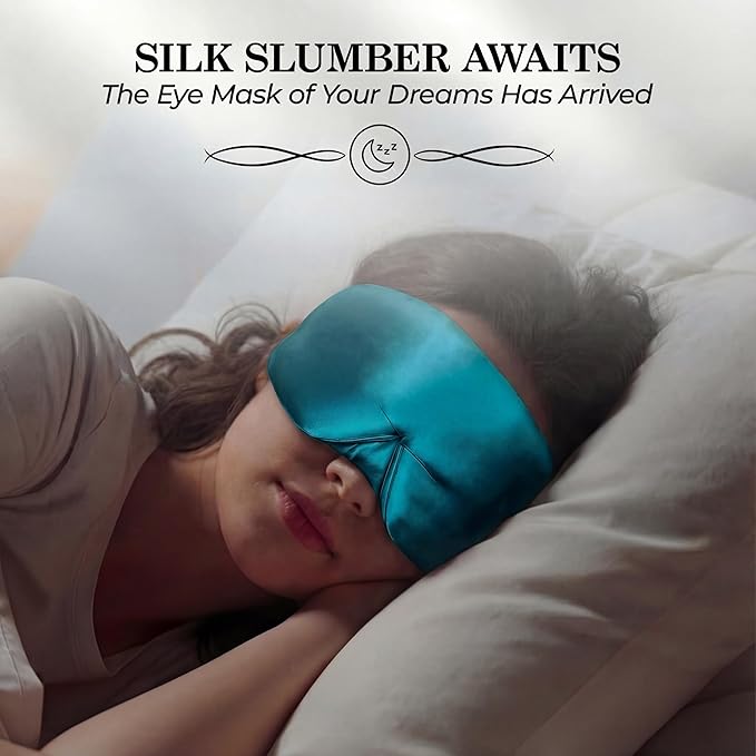 SLEEP SANCTUARY 100% Pure Mulberry Silk Sleep Mask - 22 Momme Light Blocking Hook & Loop Silk Eye Mask for Sleeping - Secure Fit for Side Sleepers, Women & Men - Cloud Soft (Peacock Blue)