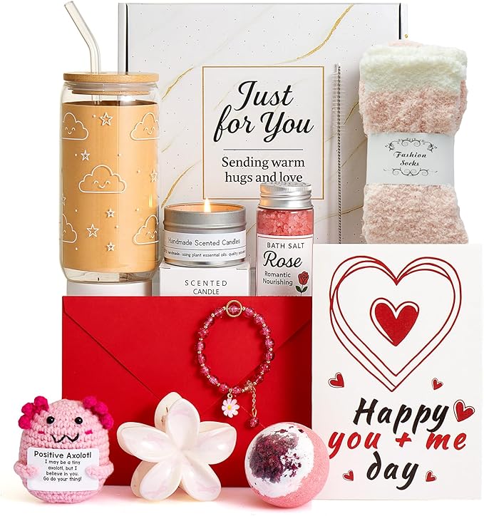 Birthday Gifts for Women, Pink Romantic Self Care Gift Set for Her with Glass Cup, Axolotl Gifts, Bath Bombs & Bath Salts, Socks, Thoughtful Birthday Gift for Wife, Girlfriend or Best Friend