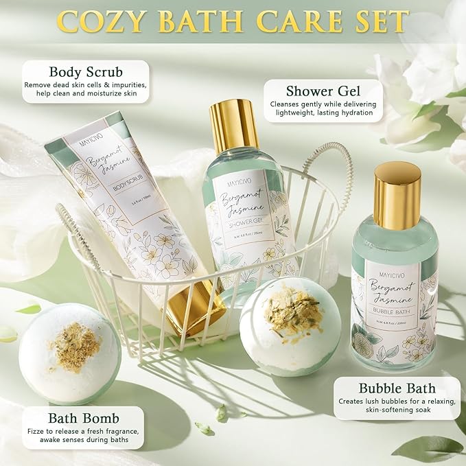 Mothers Day Birthday Gifts for Women, Bergamot Jasmine Relaxing Spa Gift Baskets for Women Self Care Package Bath Gift Set, Home Bath and Body Kit Pampering Gifts for Womens Her Mom Friend Sister Wife