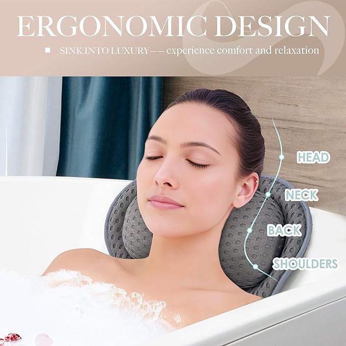 Bath Pillows for Tub Luxury, Bath Pillow for Head and Neck, Fit Bathtub Hot Tub Relaxing Gifts for Women, Comfort 4D Air Mesh Fabric & 6 Non-Slip Suction Cups (White)