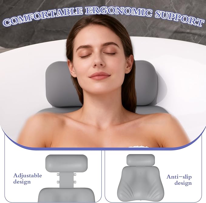 Silicone Bath Pillow, Upgraded Bath Pillows for Tub, Adjustable Height Bathtub Pillow for Head and Neck, 4D Luxury Tub Pillow Skin-Friendly Large Suction Cups Stability, Spa Relaxation-Grey