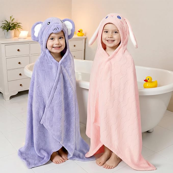 6 PCS Toddler Bath Towel Set for Boy Girl 0-5 Year, 2 PCS Thick Absorbent Hooded Baby Bath Towels Large 55" x 27.5" & 4 PCS Washcloths, Ultra Soft Gifts for Infant, Toddler, Kids, Rabbit & Elephant