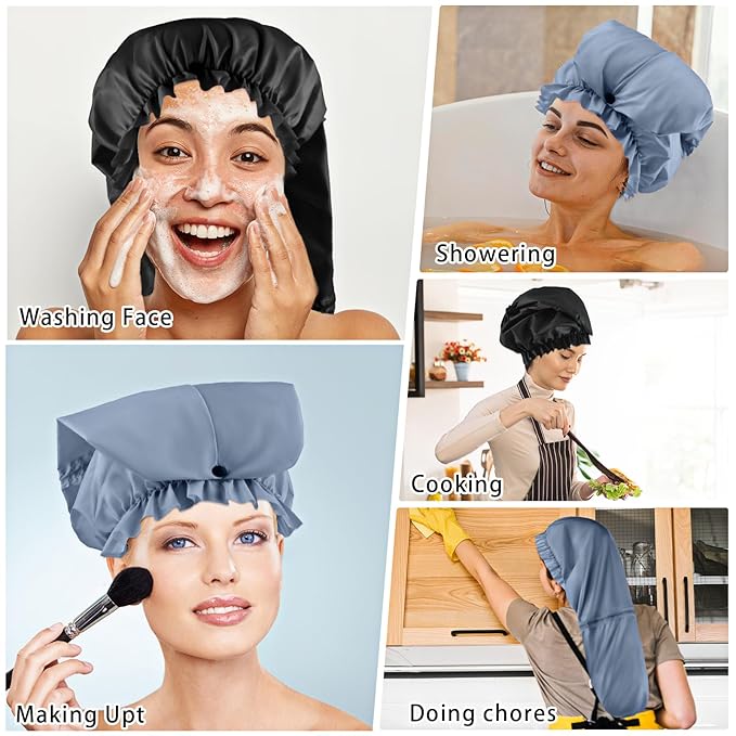 2 Pcs Large Shower Cap for Braids, Extra Long Shower Cap for Women Long Hair & Locs, Waterproof Hair Bonnets for Dreadlocks Drawstring Bath Caps for Women & Men (Black, Grey)