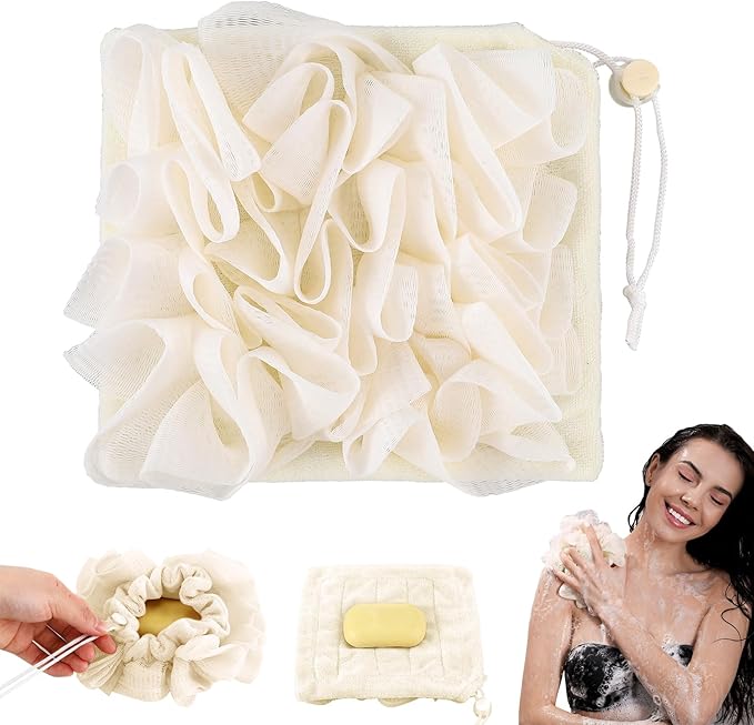 1 Pcs Washcloth Loofah Combo, 2 in 1 Bath Loofah Sponge with Drawstring, Exfoliation Mesh Shower Puff Ball for Body Wash Cleansing and Smooth Skin (Beige)