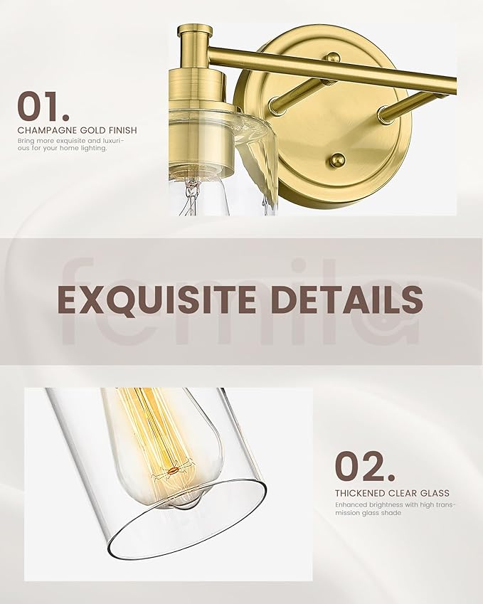 FEMILA Bathroom Vanity Light,Farmhouse Modern Vanity Lighting fixtures,Vintage Wall Lamp, Champagne Gold Finish with Clear Glass Shade,4FYC56B-3W BG