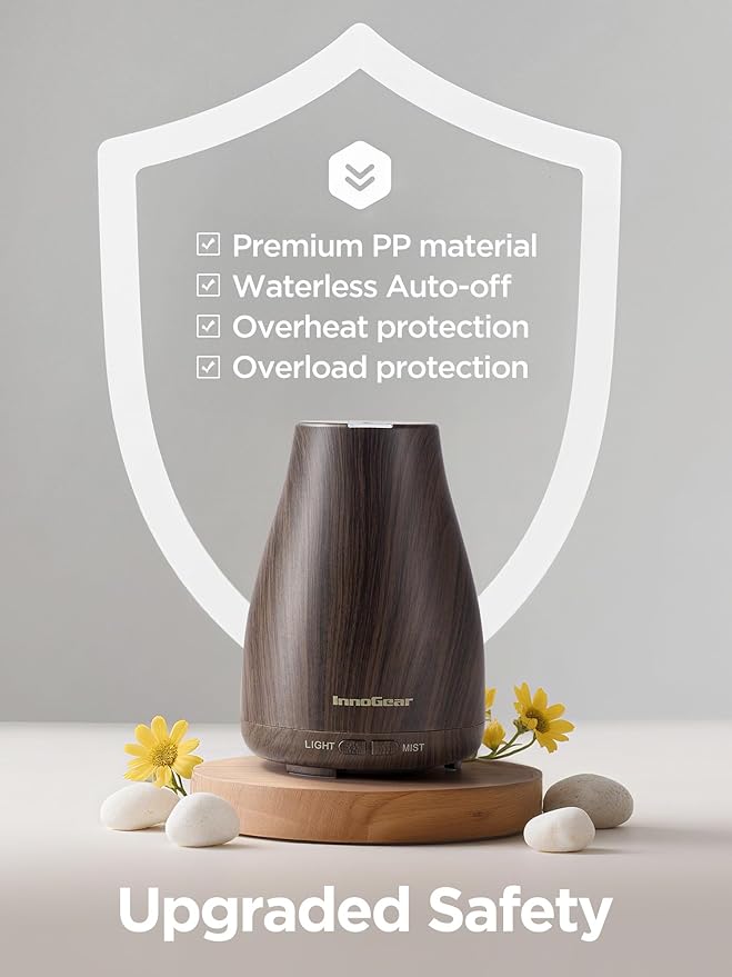 InnoGear Essential Oil Diffuser, Ultrasonic Diffusers for Home Aromatherapy Humidifier for Mother's Gift Bedroom Room 7 Colors LED 2 Mist Mode Auto Off, Brown