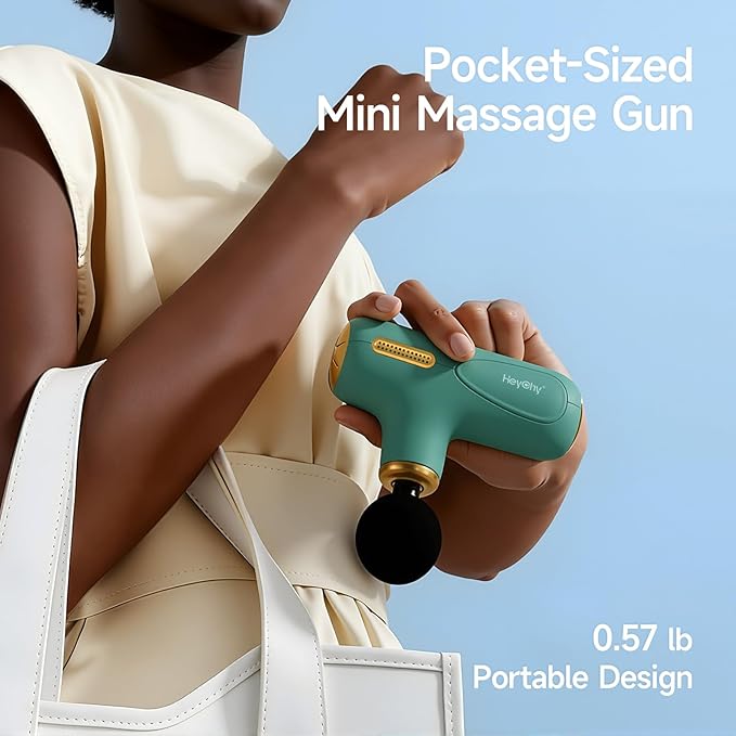 HEYCHY Super Mini Massage Gun Deep Tissue, Handheld Muscle Massager with 4 Heads, Quiet Percussion Travel Size Massager for Back Pain Relief, Home, Gym & Office, Green