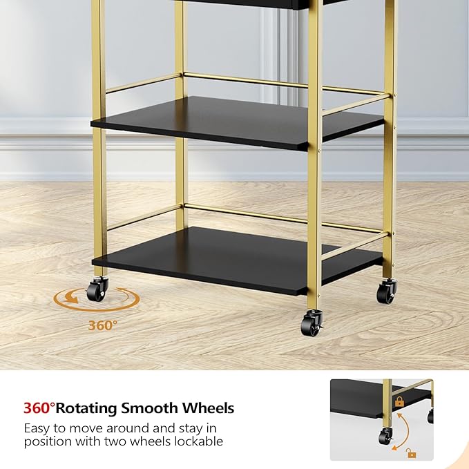 Salon Trolley Cart with Wheels, Esthetician Cart with 1 Drawer & 2 Trays, Mobile Storage Organizer for Beauty Spa Massage Tattoo Esthetic Facial Tool Holder Station, Black Gold