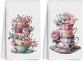 2PCS Watercolor Rose Kitchen Towels, Flower Coffee Cup Waffle Weave Dish Tea Hand Towels for Home, Dinner Party, Wedding Gift, Home Decor, Housewarming Farmhouse Gifts for Women Friend
