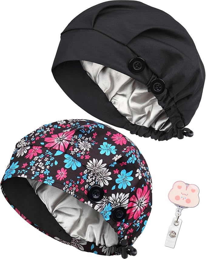 2 Pack Satin Lined Bouffant Scrub Caps with Buttons, Adjustable Scrub Caps for Women Men