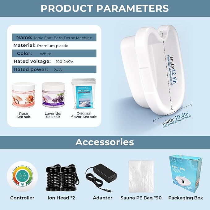 Ionic Foot Bath Detox Machine for Home Use, Ion Soak Foot Spa with Basin, Controller & 2 Ion Arrays, Includes 3 Bath Salts & 90 Disposable Liners, Spa-Quality Foot Detox Set