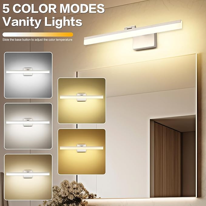 SOLFART 24 inch LED Vanity Lights Brushed Nickel Bathroom Light Fixture Bathroom Vanity Lights Over Mirror Vanity Lighting Fixtures 5 Color Temperature Dimmable Led Light Bar 5CCT