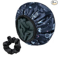 Blue Butterfly Print Satin Shower Cap, Three-Layer Terry Cloth Lined, with Silk Hair Ties, Microfiber Waterproof Reusable Large Size Shower Cap for Women Long Thick Hair