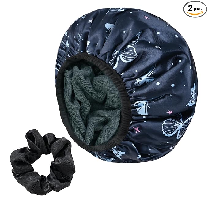 Blue Butterfly Print Satin Shower Cap, Three-Layer Terry Cloth Lined, with Silk Hair Ties, Microfiber Waterproof Reusable Large Size Shower Cap for Women Long Thick Hair